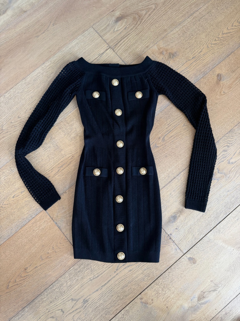 Balmain Black Long-Sleeve Double-Breasted Knit Dress with Gold Buttons